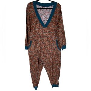 NATURAL LIFE Rust Floral Print Jumpsuit with Teal Trim